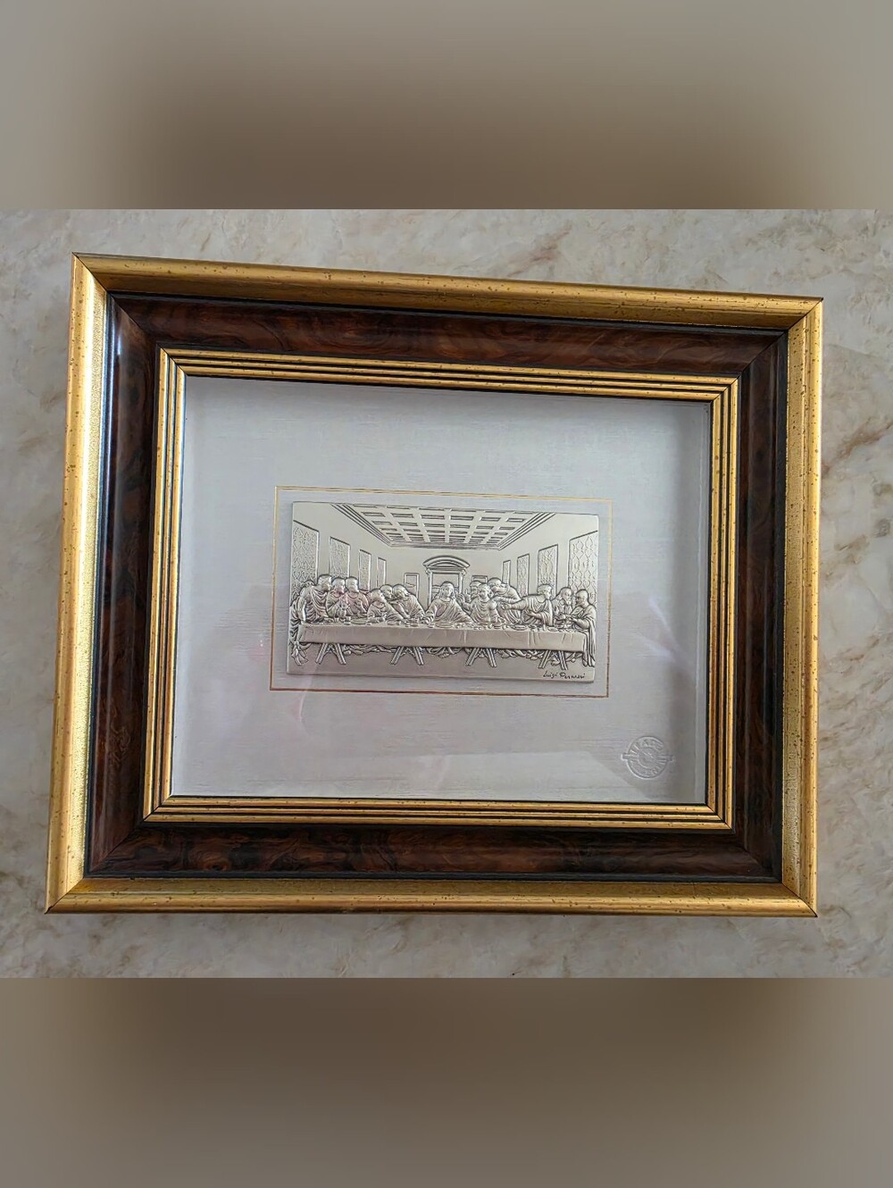 Vintage Luigi Pesaresi "The Last Supper" Italian Silver Plaque on Burlwood Frame